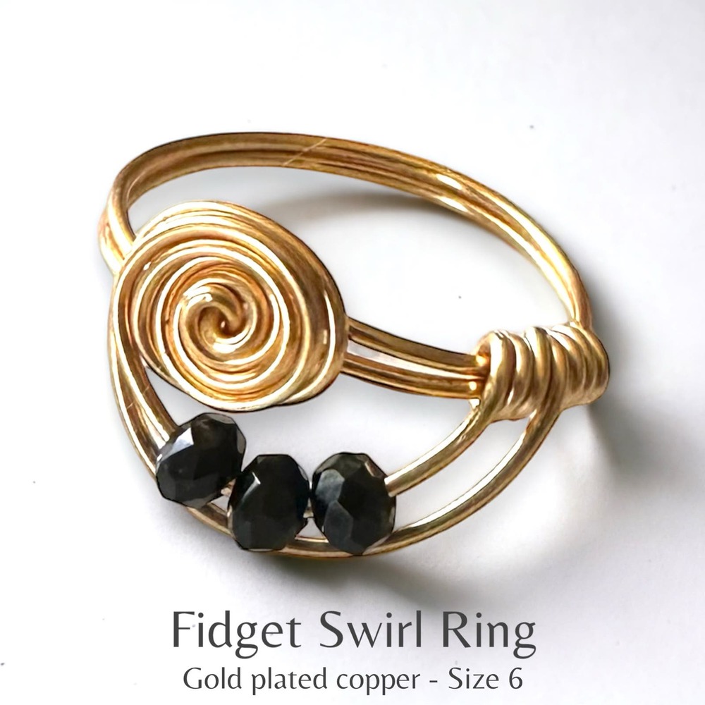 Size 6 Gold-Plated Fidget Ring w Black Beads - Hypoallergenic Handmade Jewelry
